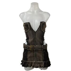 NEW Outcast Wynn Brown Metallic Strapless Bandeau Cutout Mini Denim Dress Sz XS